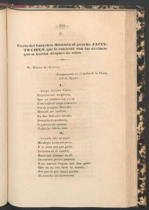 Carta del Sargento Miranda al gaucho Jacinto Cielo, que le contestó con las décimas que se leerán después de estas.