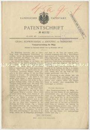 Patentschrift einer Transportvorrichtung für Pflüge, Patent-Nr. 40132