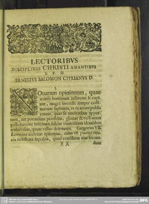 Lectoribus Disciplinae Christi Amantibus S. P D. Ernestus Salomon Cyprianus D.