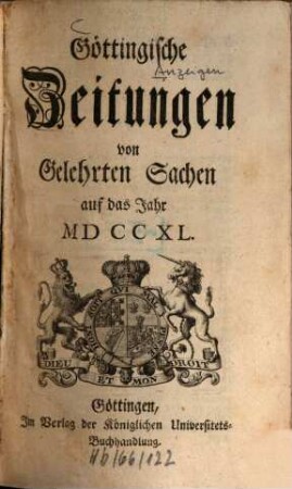 Göttingische Zeitungen von gelehrten Sachen : auf das Jahr .... 1740, 1740