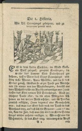 Die 1. Historia. Wie Till Eulenspiegel gebohren, und zu dreymalen getauft wird