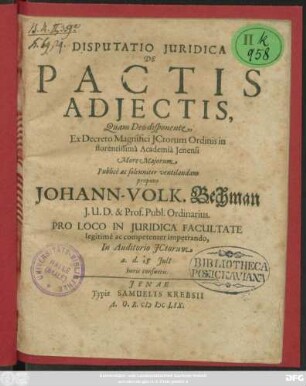 Disputatio Iuridica De Pactis Adiectis