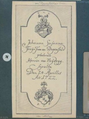 Darstellung des Gedenksteins auf dem Friedhof in Döhlen (Freital) von Johanna Susanna Freifrau von Degenfeld geborene Herrin von Neidegg (gest. 1722)