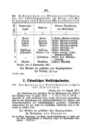 Durchsetzung der Volksschullehrerschaft mit Lehrerinnen : [F. Öffentliches Volksschulwesen]