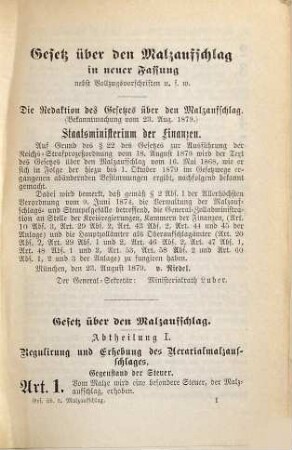 Der Malzaufschlag : Gesetz vom 16. Mai 1868 mit Erläuterungen ..., 3. Gesetz vom 16. Mai 1868 und 31. Oktober 1879