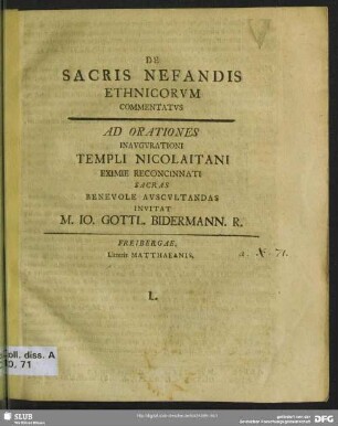 De Sacris Nefandis Ethnicorum Commentatus : Ad Orationes Inaugurationi Templi Nicolaitani Eximie Reconcinnati Sacras Benevole Auscultandas