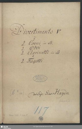 Divertimentos - Mus.3356-P-520,5 : winds - B|b; Hob II:43