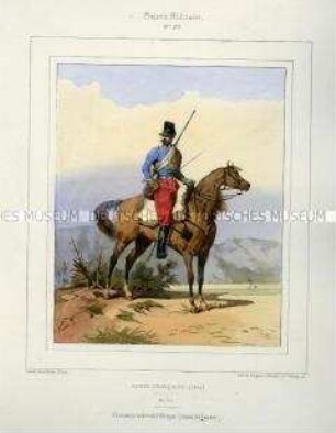 Uniformdarstellung, Gemeiner des Afrikanischen Jäger-Regiments zu Pferde in Felduniform, Königreich Frankreich, 1841. Tafel Nr. 123 aus: Galerie Militaire.