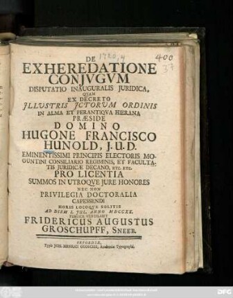 De Exheredatione Conjvgvm Disputatio Inauguralis Juridica