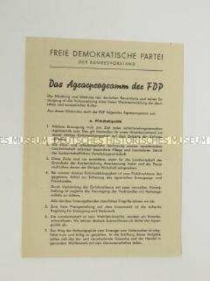 Propagandaflugblatt der Freien Demokratischen Partei mit ihrem Agrarprogramm