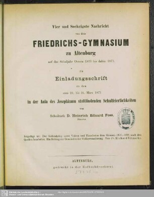 64.1870/71: Nachricht von dem Herzoglichen Friedrichs-Gymnasium zu Altenburg : über das Schuljahr Ostern ... bis Ostern ...