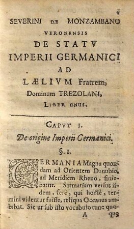 Severini De Monzambano Veronensis, De Statv Imperii Germanici Ad Laelivm Fratrem ... Liber Vnvs