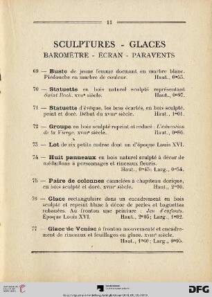 Sculptures - Glaces - Baromètre - Écran - Paravents (Nr. 69-82)