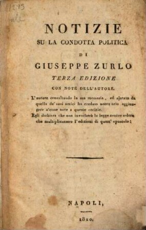Notizie su la condotta politica di Giuseppe Zurlo
