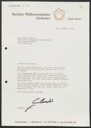 Brief an Gianfranco Rebulla an Deutsche Grammophon-Gesellschaft, 28.12.1993