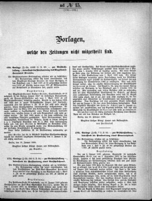 Anlage: ad No.15 (170-192.), Vorlagen, welche den Zeitungen nicht mitgeteilt sind