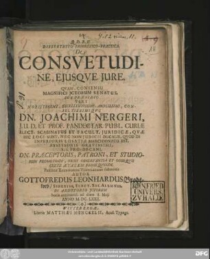 Dissertatio Theoretico-Practica, De Consuetudine, Eiusque Iure