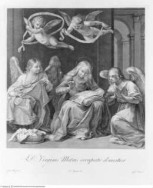 Pitture di Guido Reni nella Cappella Pontificia al Quirinale / incise da Giovanni Ottaviani in num. 15. fogli, Rom ohne JahrDie Jungfrau Maria beim Nähen; (tav. [11]) - Stichfolge nach den Gemälden Renis in der Cappella dell'Annunziata des Palazzo del Quirinale Rom