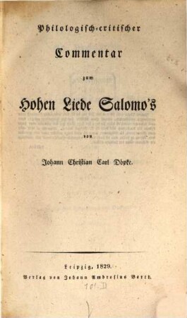 Philologisch-critischer Commentar zum hohen Liede Salomo's
