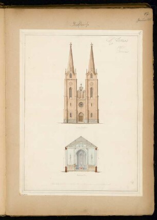 Dorfkirche mit 300 Sitzplätzen Monatskonkurrenz Januar 1865: Aufriss Eingangsansicht, Querschnitt (Richtung Altar); Maßstabsleiste