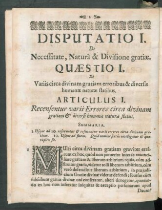 Disputatio I. De Nesessitate, Naturâ & Divisione gratiae