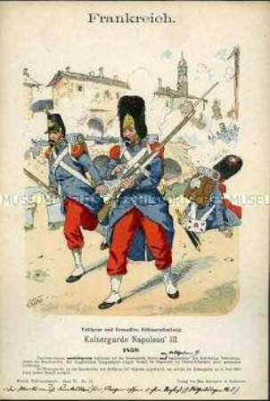 Uniformdarstellung, Voltigeur und Grenadiere der Kaisergarde, Zweites Kaiserreich Frankreich, 1859.