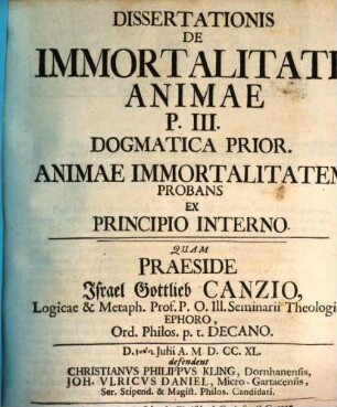 Dissertationis de immortalitate animae, Pars 3. Dogmatica prior, animae immortalitalem probans ex principio interno