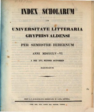 Index scholarum in Universitate Litteraria Gryphiswaldensi ... habendarum, WS 1855/56
