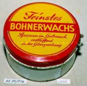 Blechdose mit Deckelheber für "Feinstes BOHNERWACHS Sparsam im Gebrauch, verblüffend in der Glanzwirkung"