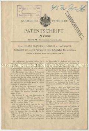 Patentschrift eines Hackgerätes mit an dem Fahrgestell starr befestigtem Messerrahmen, Patent-Nr. 91928