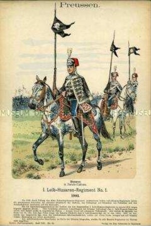 Uniformdarstellung, Gemeine des 1. Leib-Husaren-Regiments Nr. 1 in Parade-Uniform, Königreich Preußen, 1903.