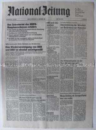 Tageszeitung der NDPD "National-Zeitung" zur Diskussion um die "Wiedervereinigung"