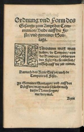 Ordnung und Form des Gesangs zum Ampt der Communion/ Beide auff die Festa/ und gemeinen Sontage.