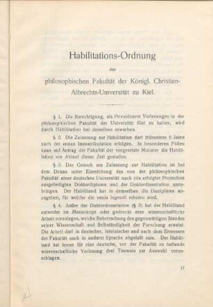 Habilitations-Ordnung der philosophischen Fakultät der Königl. Christian-Albrechts-Universität zu Kiel.