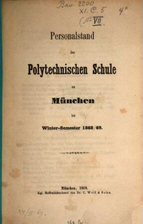 Personalstand der Königlich-Bayerischen Polytechnischen Schule zu München, 1868/69 (1869)