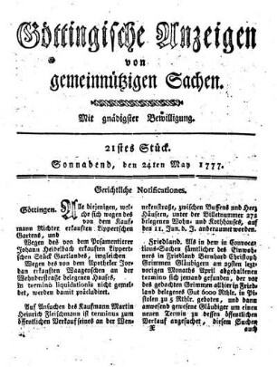 21stes Stück. Sonnabend, den 24ten May 1777.
