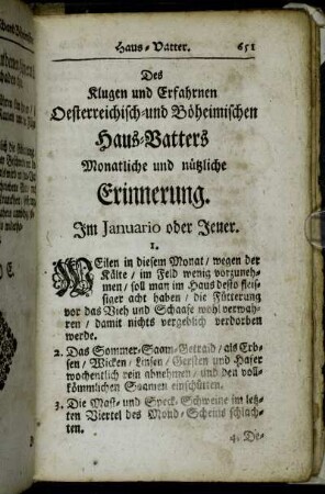 Des Klugen und Erfahrnen Oesterreichisch- und Böheimischen Haus-Vatters Monatliche und nützliche Erinnerung