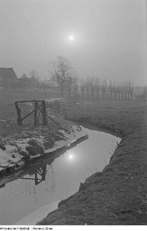 Ein vereister Bachlauf mit sich spiegelnder Sonne, im Hintergrund kahle Bäume und Häuser