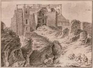 Ruinenlandschaft mit Hinterhäusern und figuraler Staffage
