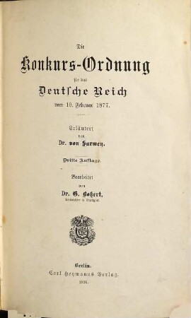Die Konkursordnung für das Deutsche Reich vom 10. Februar 1877
