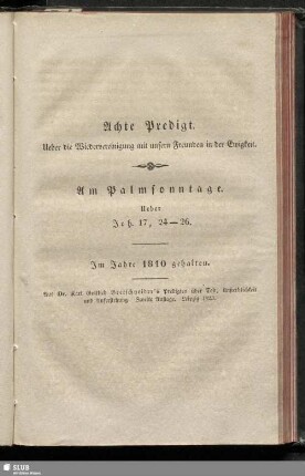 Acht Predigt. Ueber die Wiedervereinigung mit unsern Freunden in der Ewigkeit
