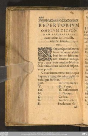 Repertorium Omnium Titulorum Seu Rubricarum totius iuris civilis, ordine literarum.