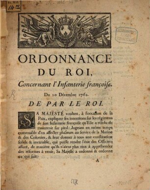 Ordonnance du roy concernant l'Infanterie française du 10 Decembre 1762