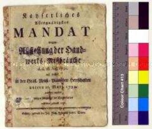 Mandat von Karl VI. Kaiser des Heiligen Römischen Reiches gegen Missstände innerhalb der Handwerkerzünfte in den Reuß-Plauischen Herrschaften