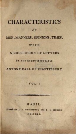 Characteristics of men, manners, opinions, times. 1 (1790)