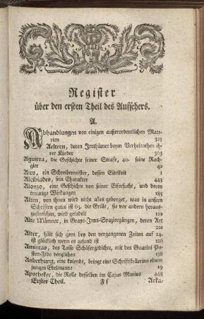 Register über den ersten Theil des Aufsehers.