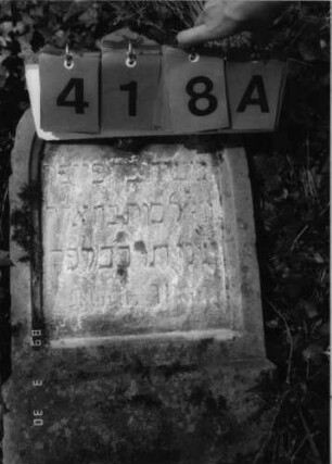Grabstein 418 (Index: 99792031) Material: Sandstein Zustand: verwittert, Stele liegend Maße HxBxT: 64x37x16 cm Beschreibung: Stele, Spitzbogenabschluß, Schriftfeld eingetieft Symbolik: Blüte: Grabstein 418A