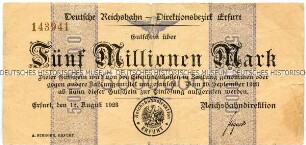 Notgeldschein der Deutschen Reichsbahn Direktion Erfurt über Fünf Millionen Mark
