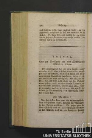 I. Von der Vertilgung der dem Küchengarten schädlichen Thiere.