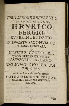 Viro ... Henrico Fergio, Superintendenti in Ducatu Saxonum Gothano Generali ...